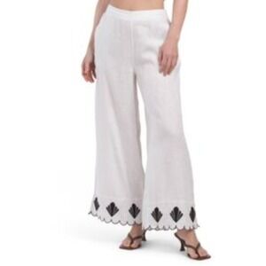 Calypso St. Barth White Linen Wide Leg Embroidered Hem Pants Sz XL Beach Coastal